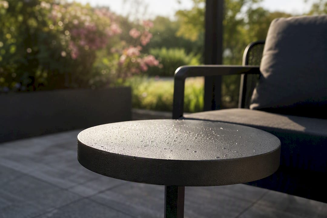 Nahaufnahme der Kante eines Außenstahlmöbels mit Wassertropfen