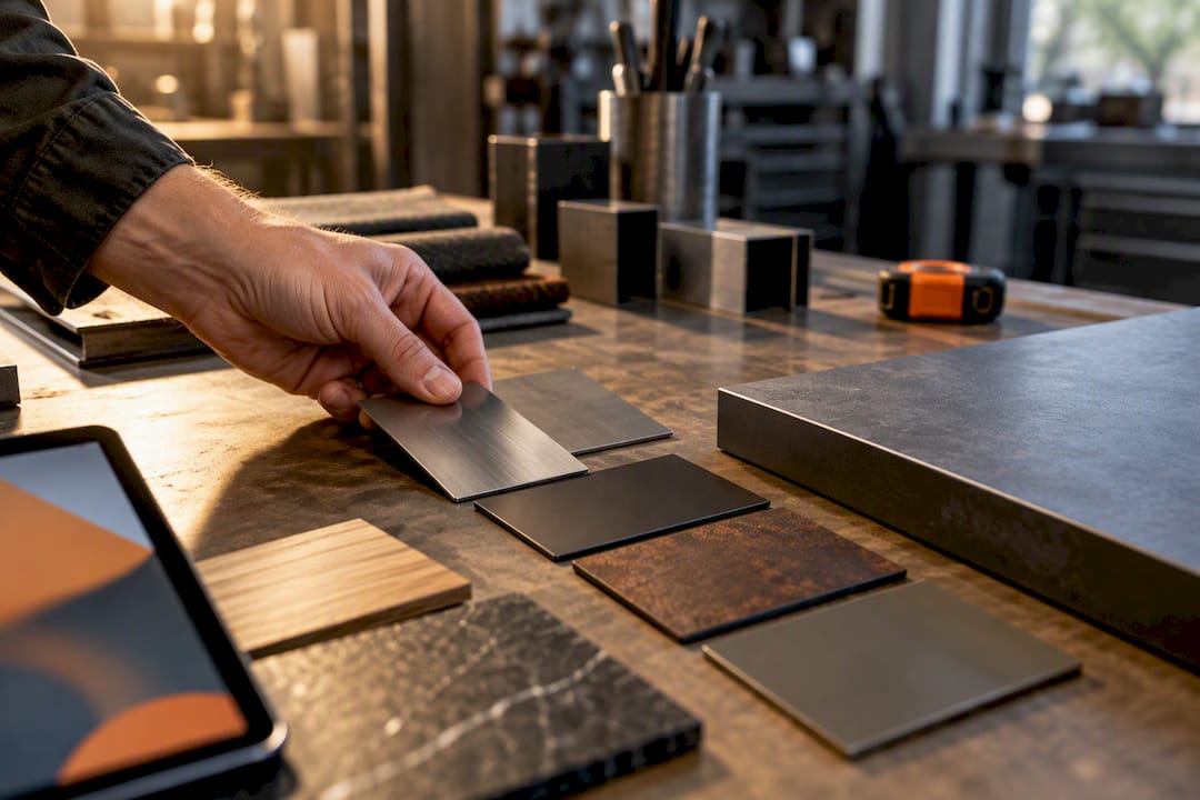 Materialmuster neben einer angeschnittenen Tischplatte