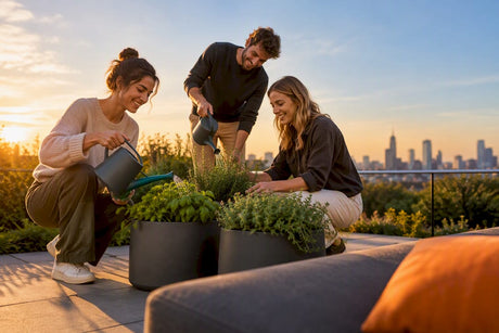 Menschen genießen am Abend die begrünte Dachterrasse