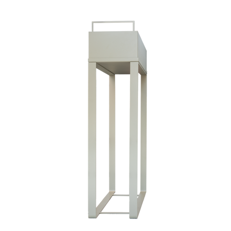 Modernes, minimalistisches Hochbeet aus Metall in Weiß. Rechteckiger Pflanzkasten auf vier hohen, schlanken Beinen. Das Design wirkt funktional und stilvoll – ideal für den Außenbereich wie Balkon, Terrasse oder Garten.